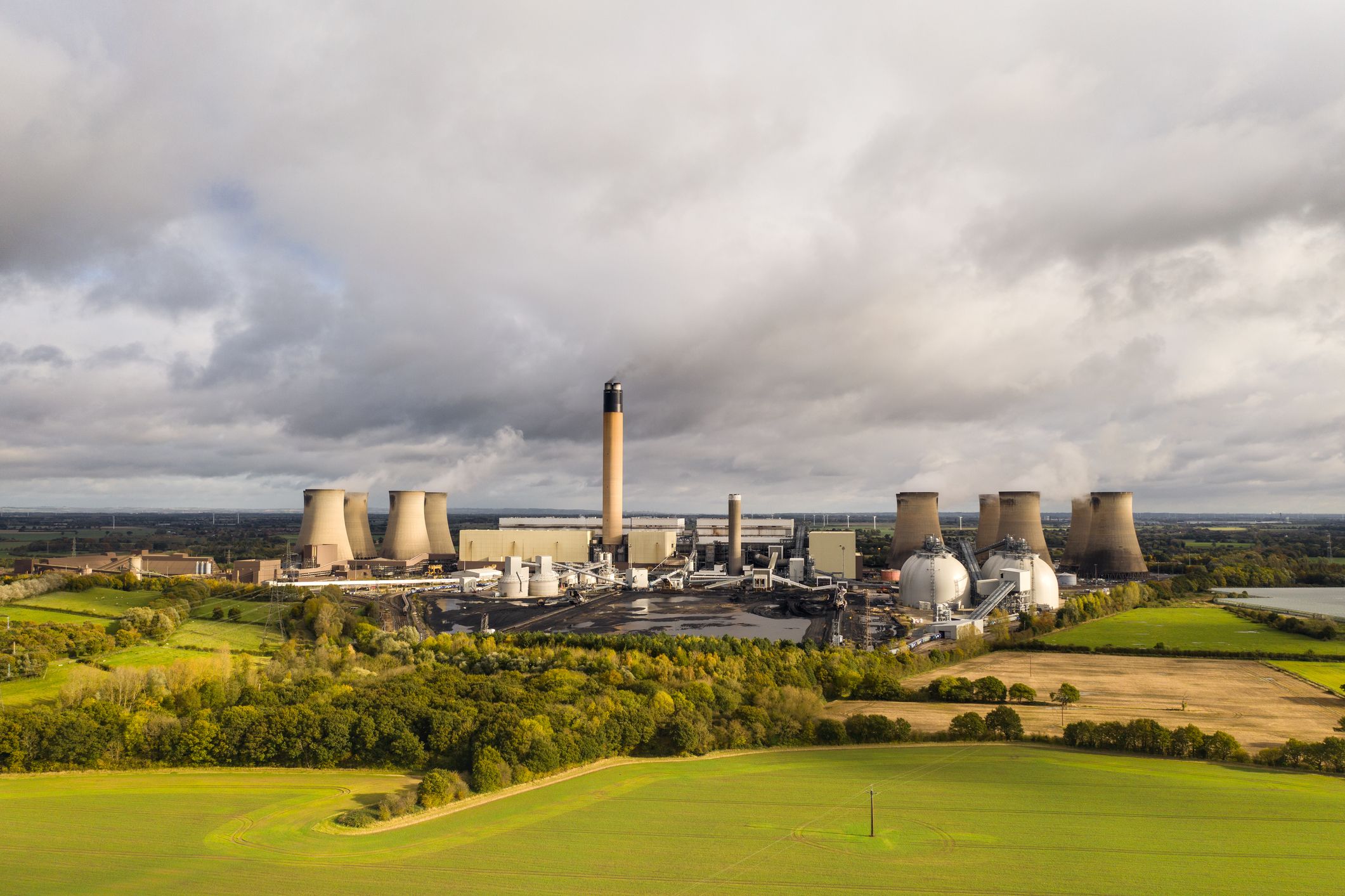 Aerial landscape view of Drax Power Station with pollution emissions