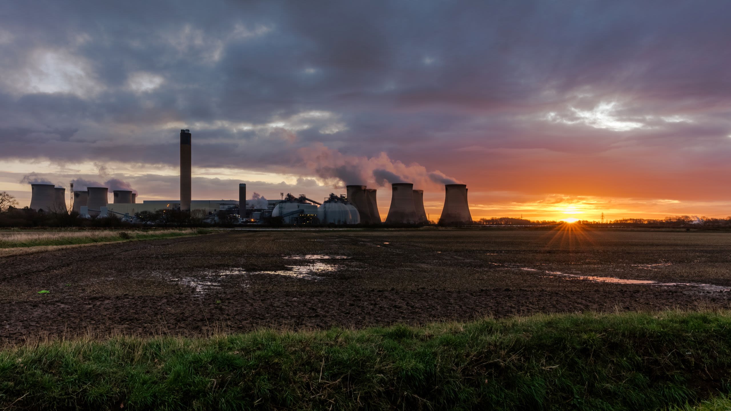 Water vapour emitting from the cooling towers of a local power station in Drax, North Yorkshire