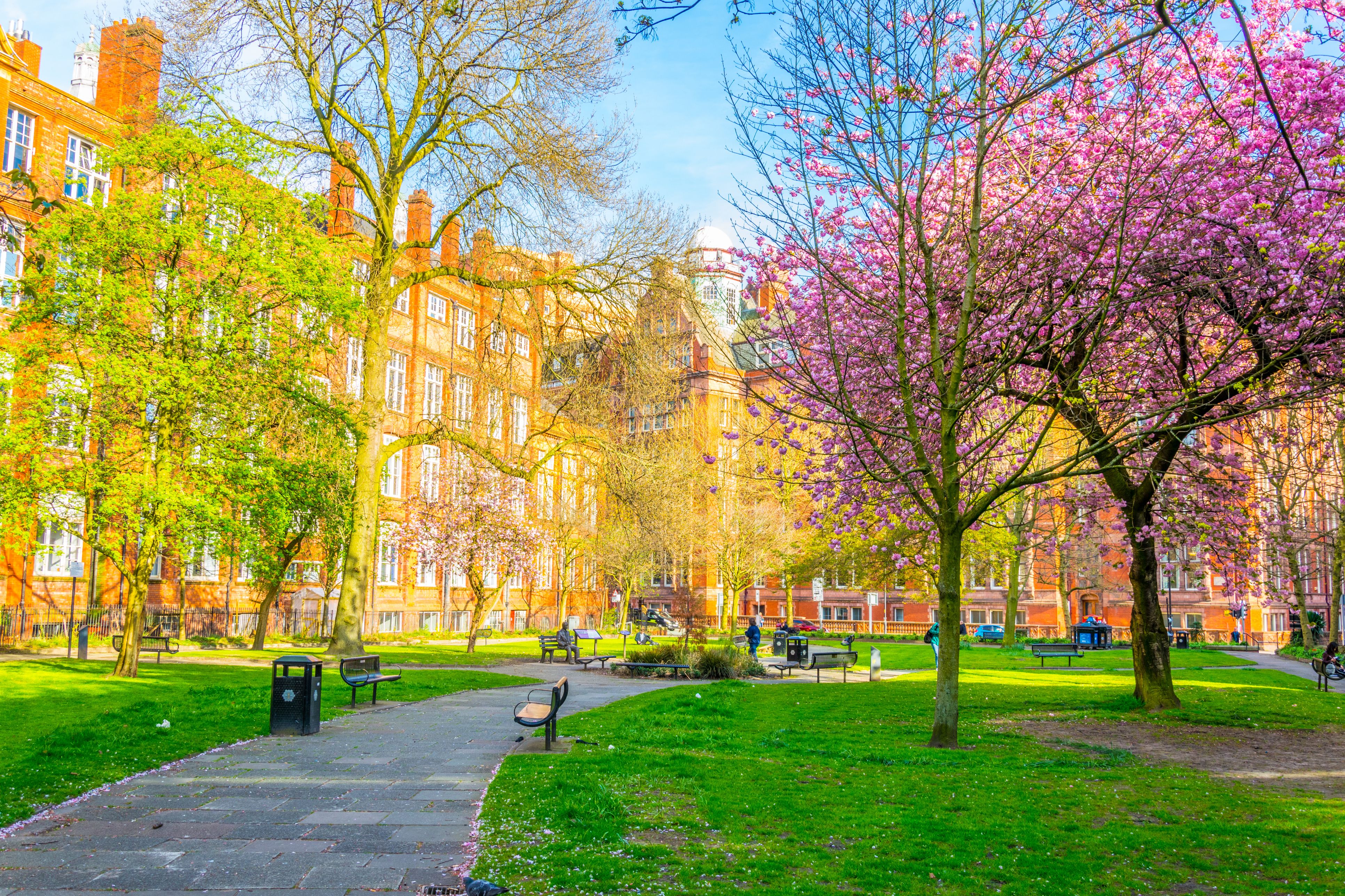View of the Sackville gardens next to the Shena Simon campus in Manchester, England
