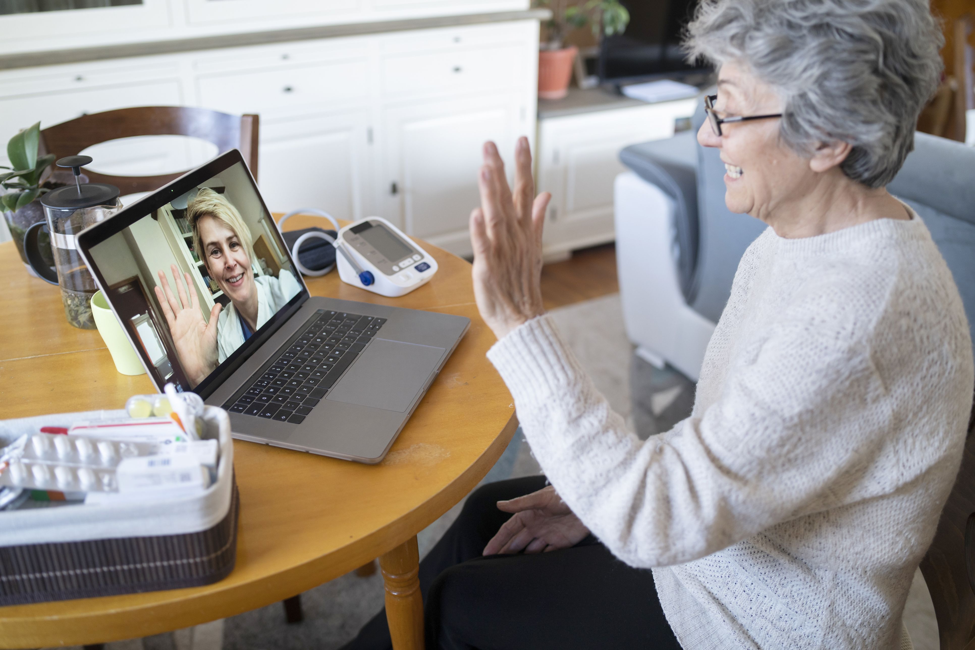 Elderly patient having a consultation over her laptop