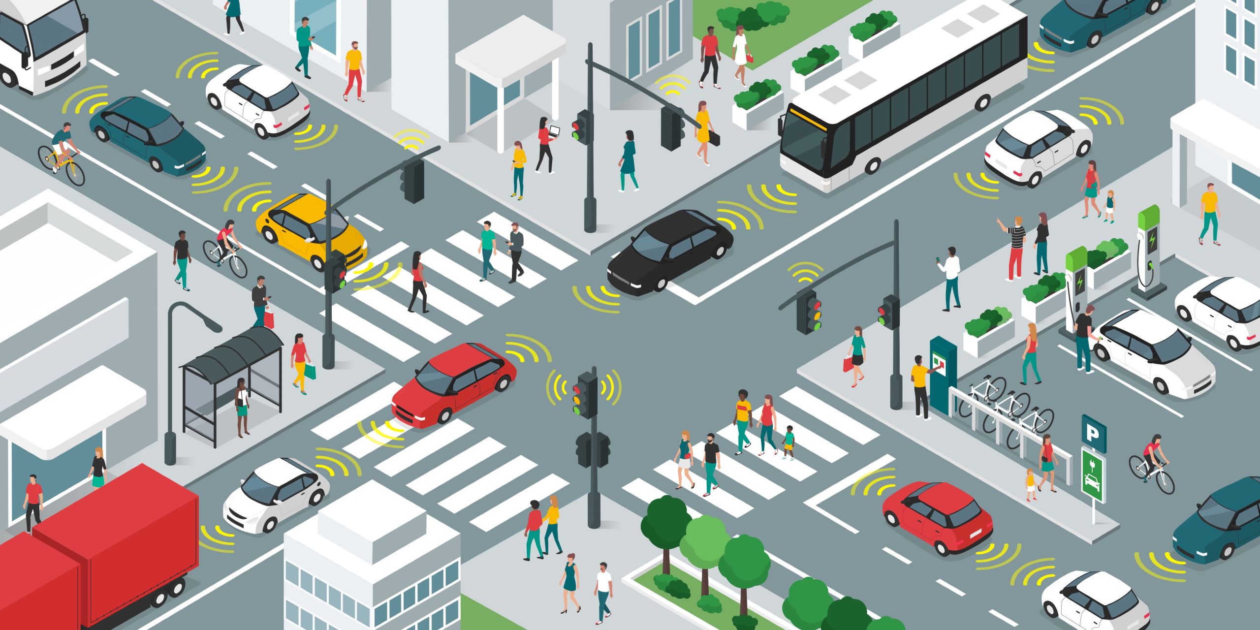 A smart city where cars and buses send signals to each other over WiFi