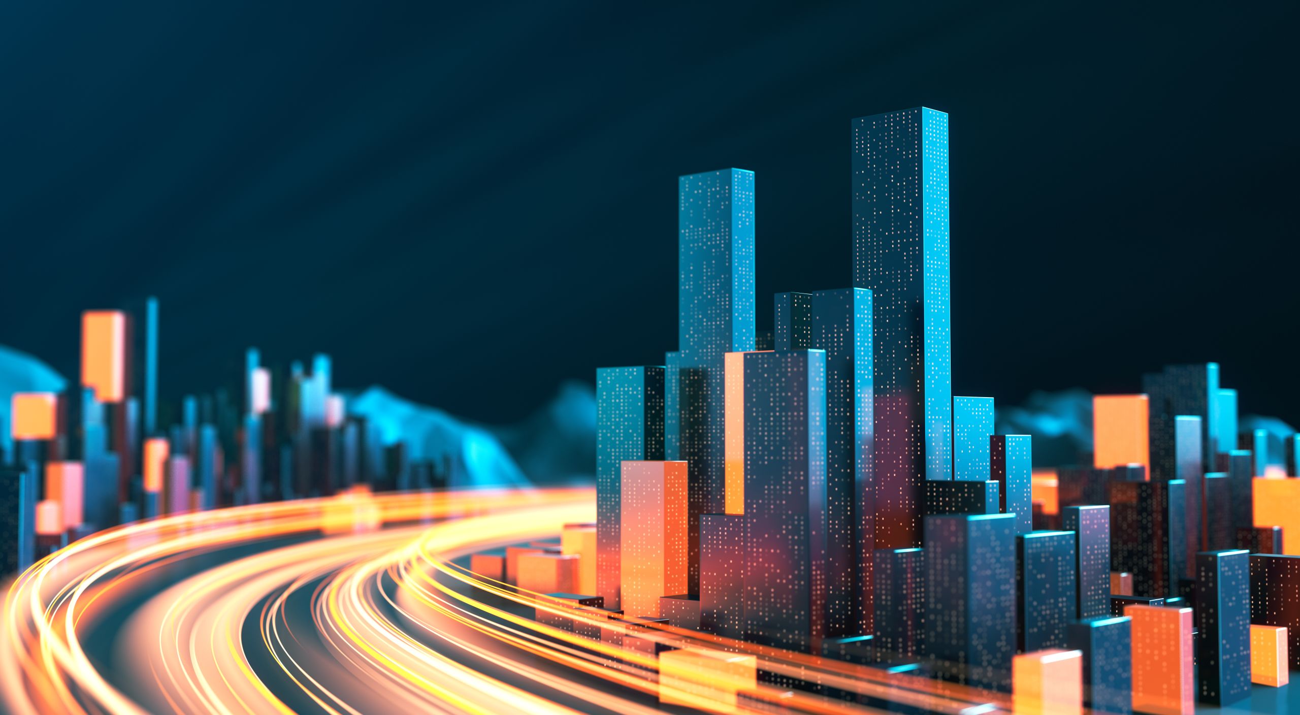 Abstract digital city scape made from blocks and lights