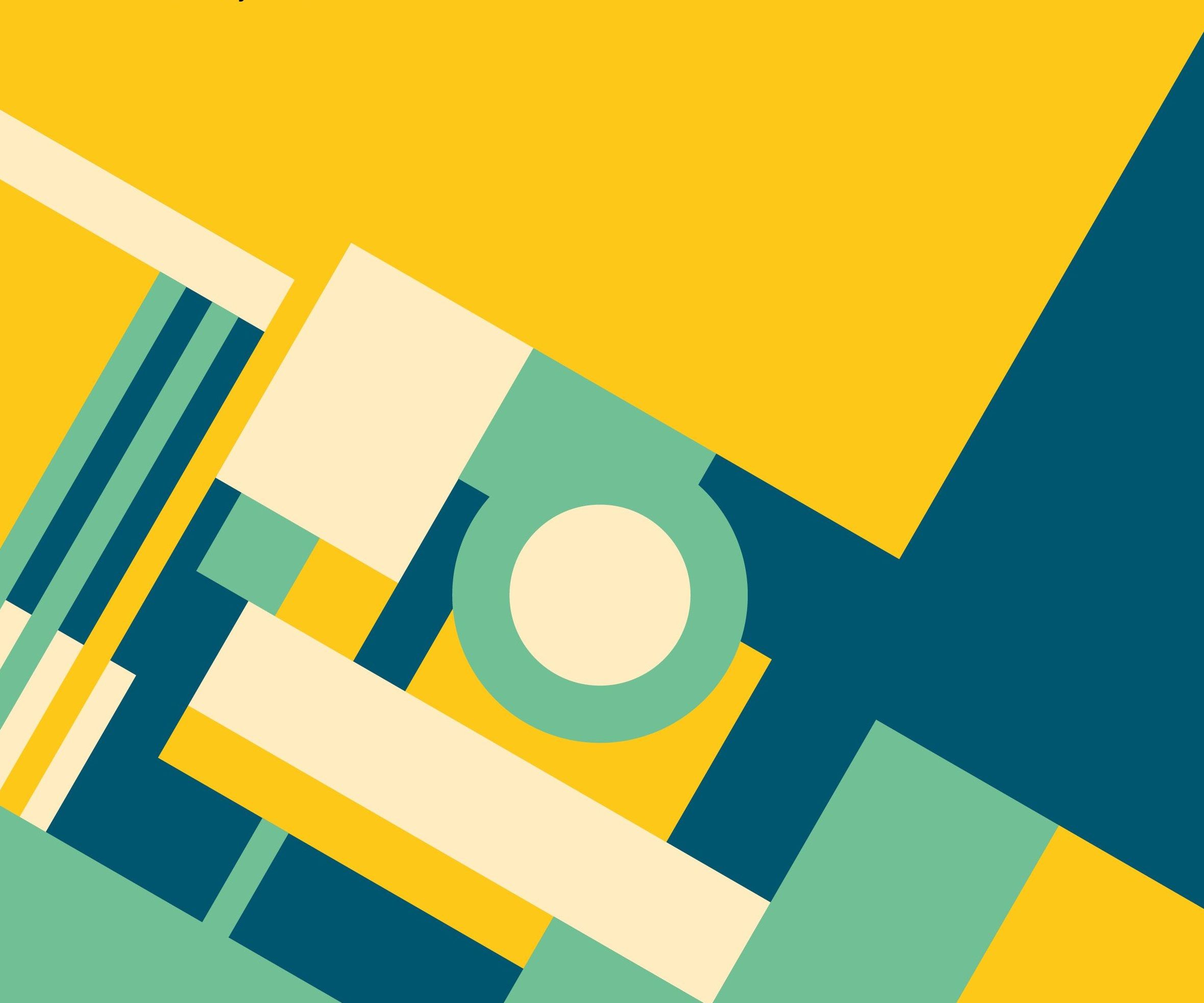 On Gender cover graphic - geometric shapes in cream, yellow, light green and dark blue