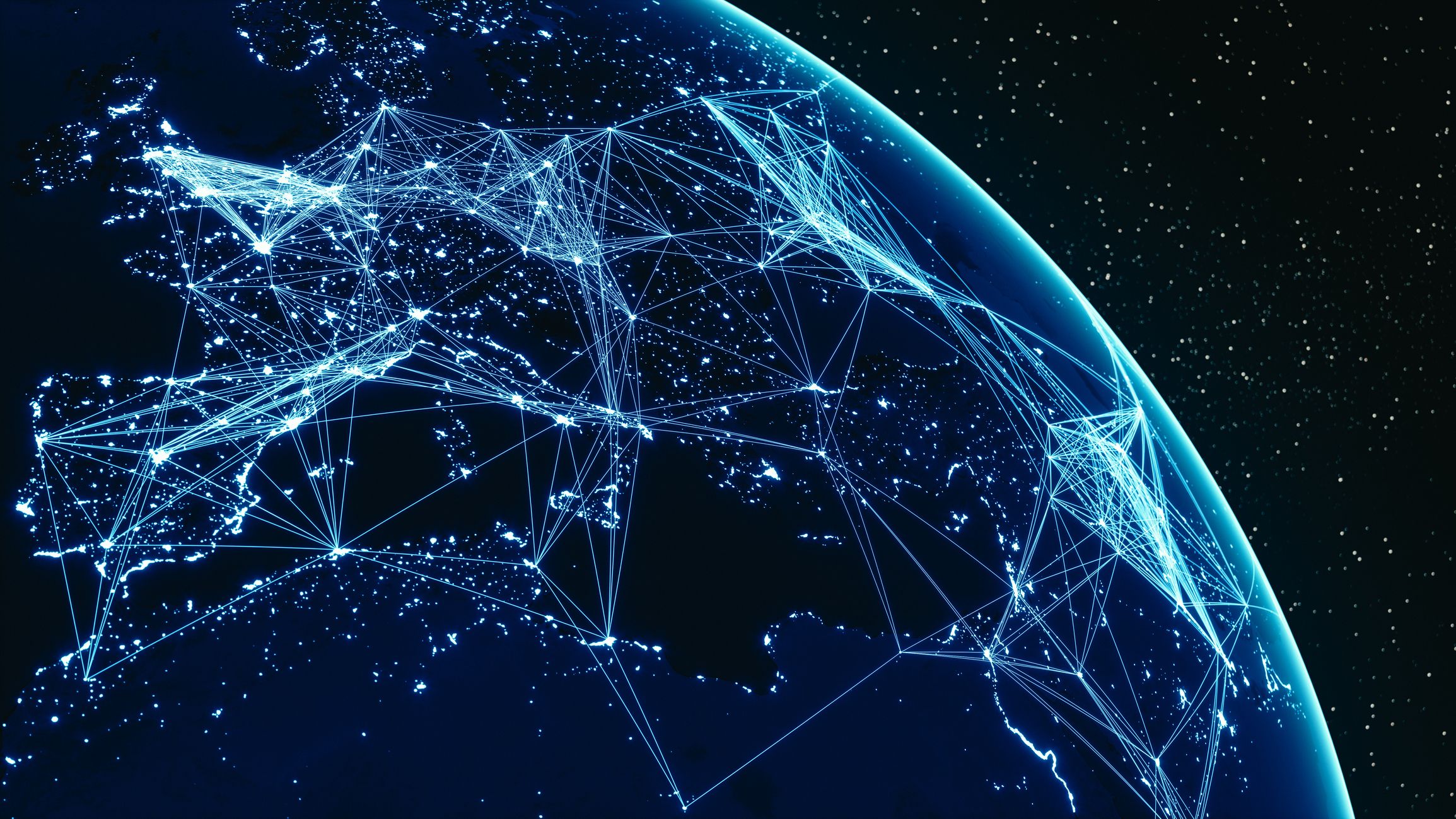 Image of the earth from space with an overlay of lines of light intended to represent data connectivity