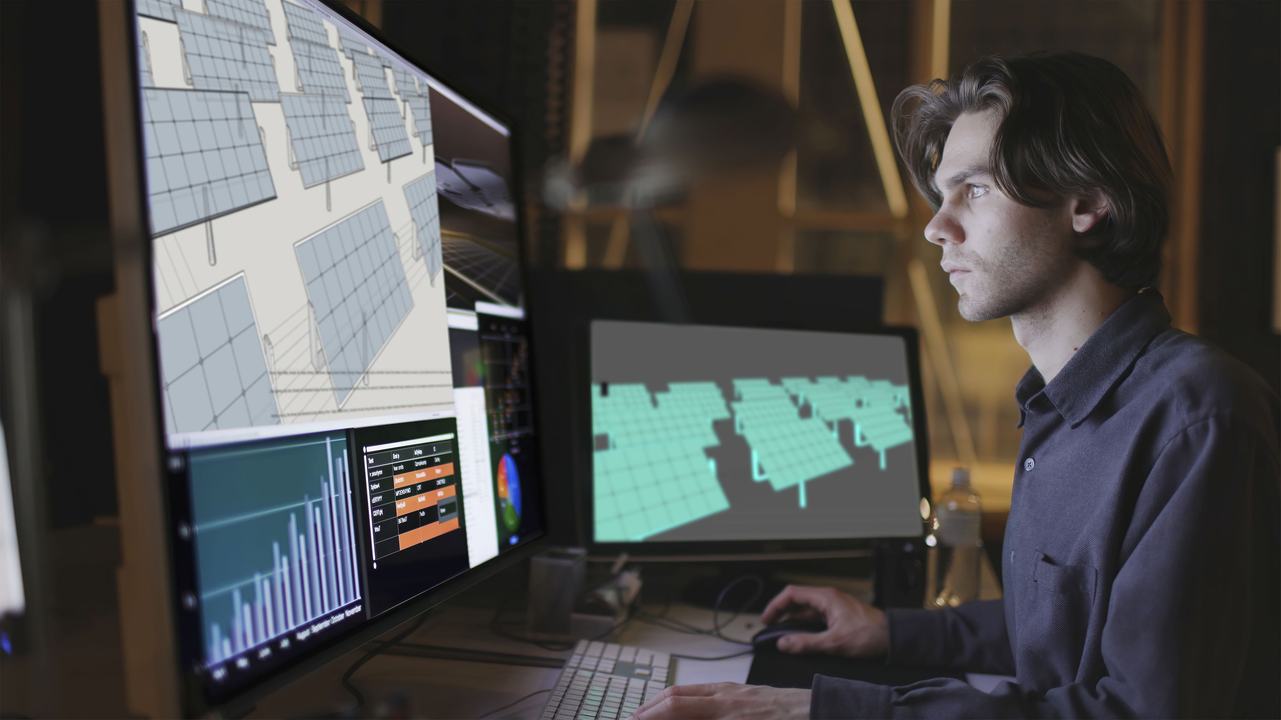 Close up stock image of a bearded young man working at a computer screen. He’s working on CAD software looking at the design of a solar panel array in CAD with data.
