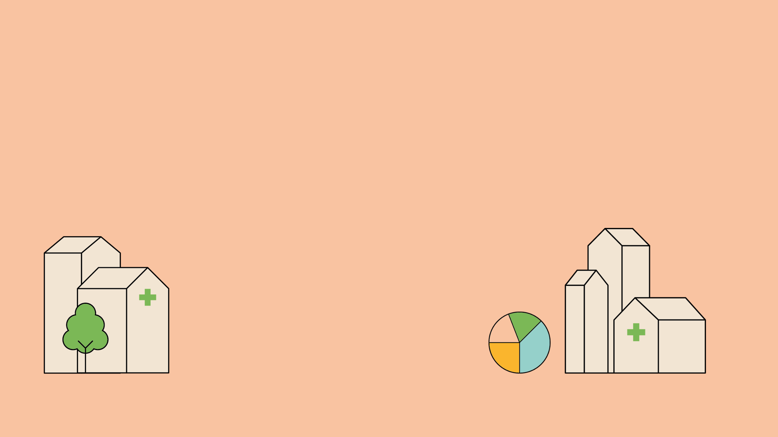 A line graphic of buildings, trees, and a pie chart.