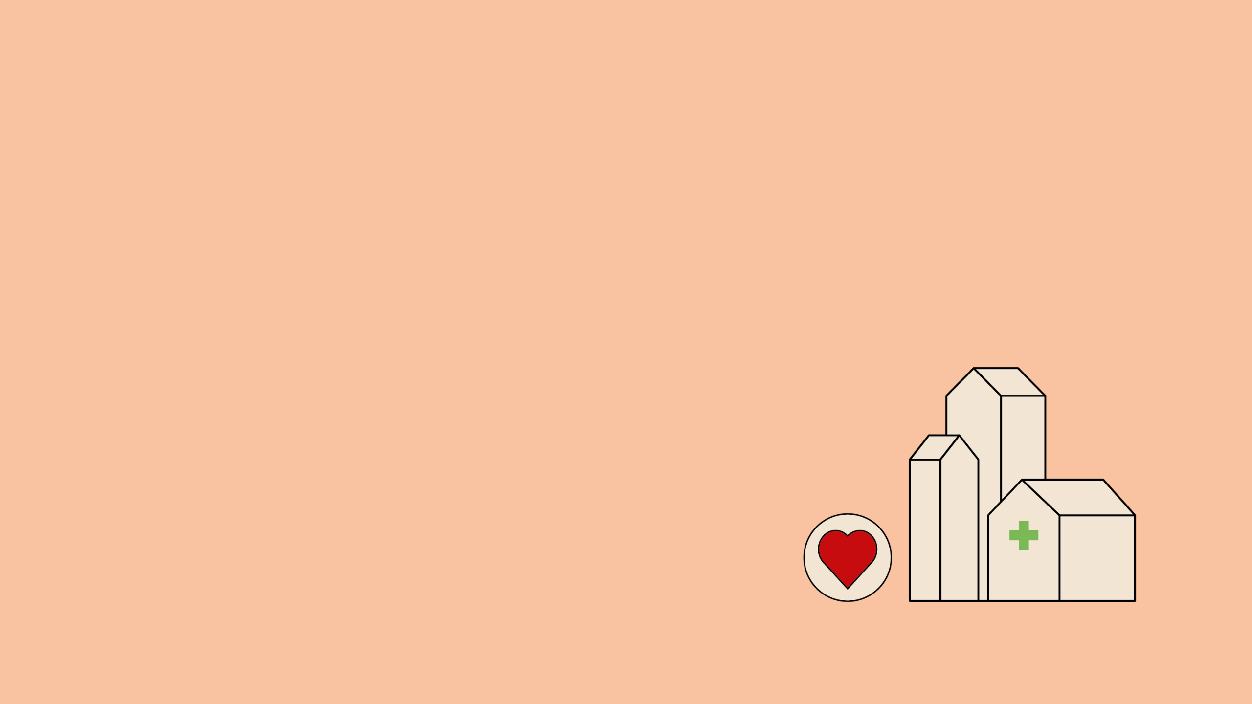 A line graphic of buildings and a heart symbol.