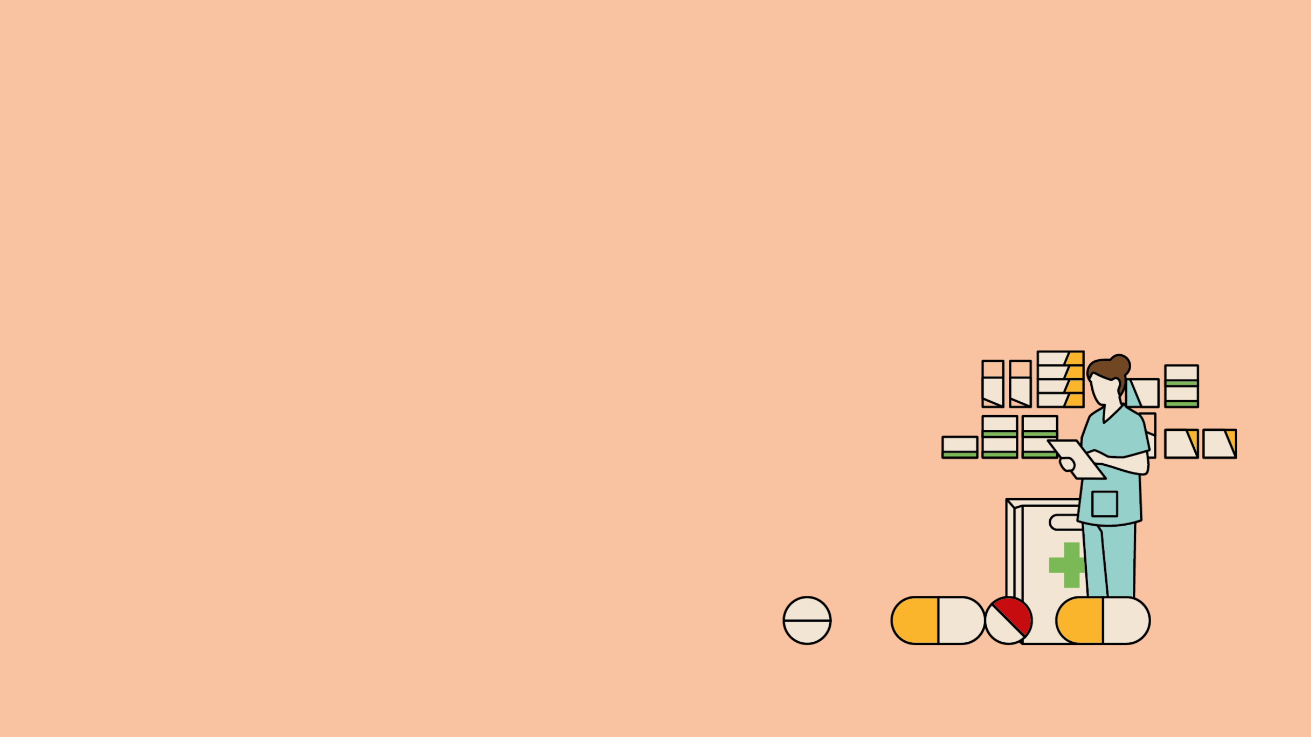 A line graphic of a medical worker surrounded by medicines.