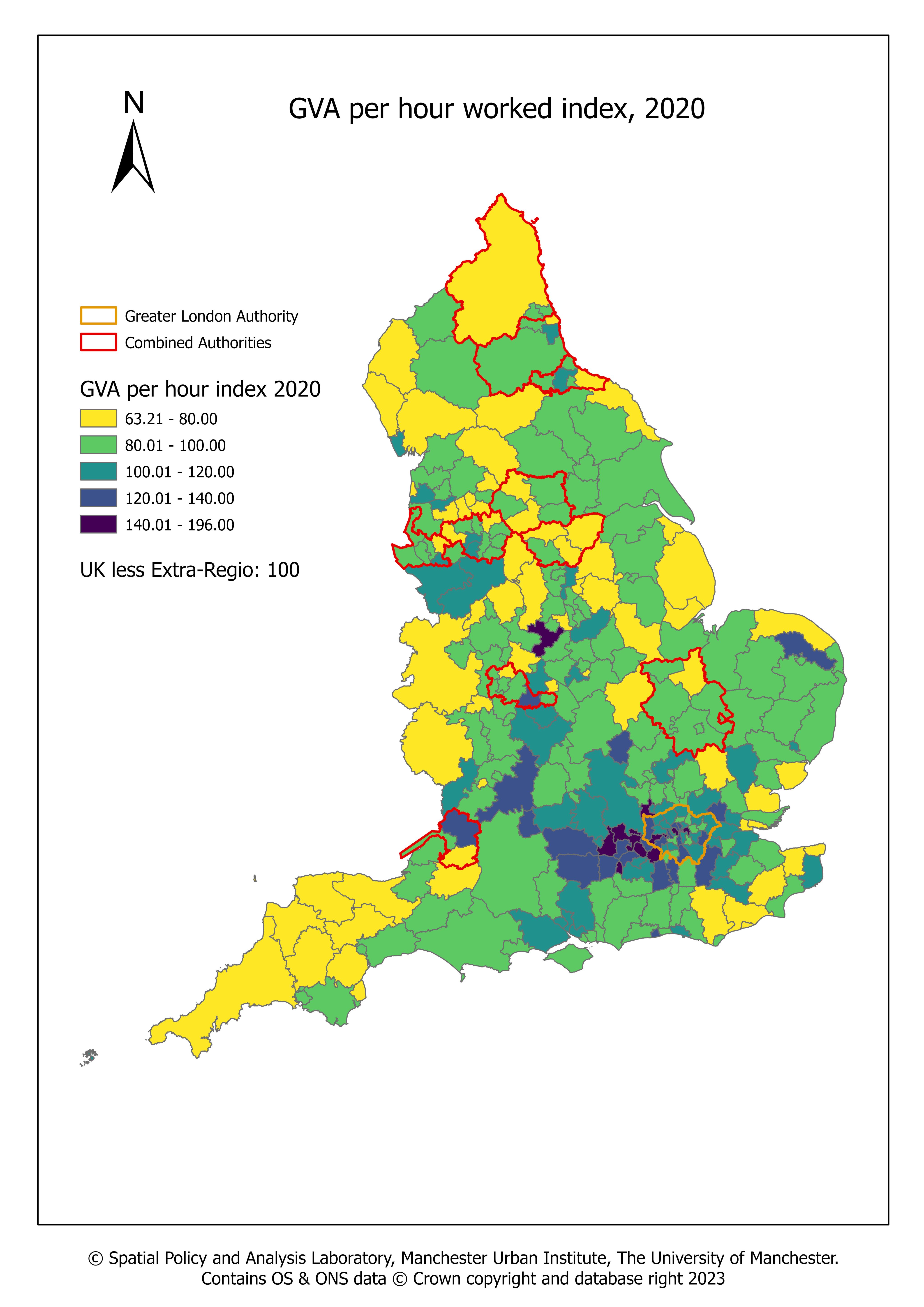 Map displaying local authority districts with combined authorities and Greater London Assembly highlighted with a red border. Colours show Gross Value Added (GVA) for 2020 (relative to an index of 100) broken up into 5 categories. Click on image for further details.
